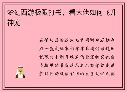 梦幻西游极限打书，看大佬如何飞升神宠